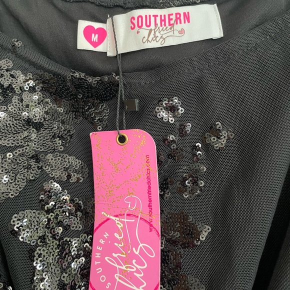 NWT Southern Fried Chics Botique Black Floral Sequin Romper - size M - Picture 2 of 5